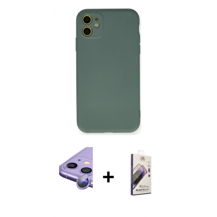 MARSİLYAN™- iPhone 11 Kılıf Ahenk Serisi - Siyah Bilvis 3D Mat Cam Ekran Koruyucu + Raze Metal Kamera Lens - MR