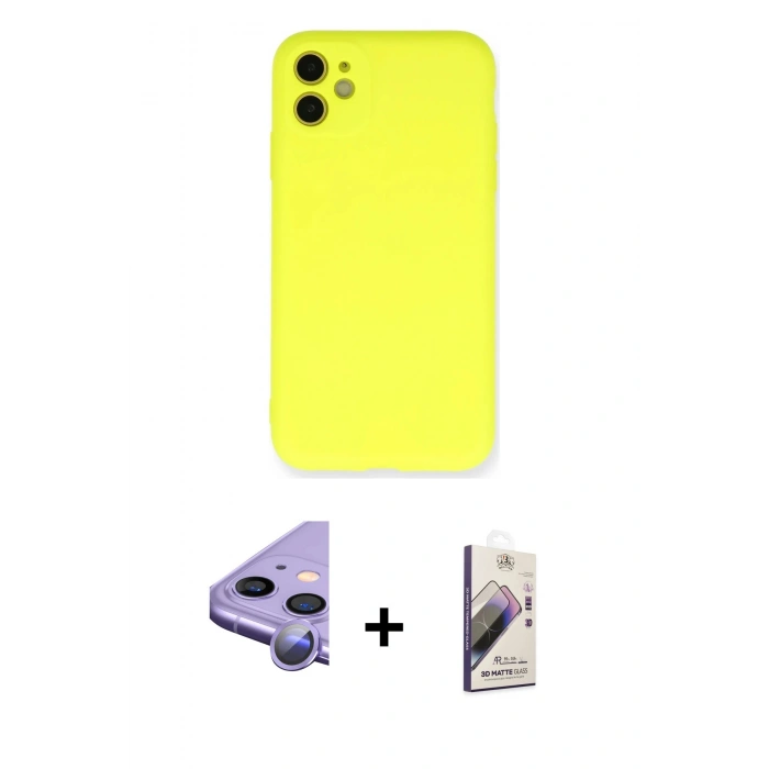 MARSİLYAN™- iPhone 11 Kılıf Ahenk Serisi - Siyah Bilvis 3D Mat Cam Ekran Koruyucu + Raze Metal Kamera Lens - MR