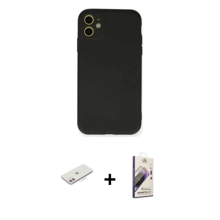 MARSİLYAN™- iPhone 11 Kılıf Ahenk Serisi - Siyah Bilvis 3D Mat Cam Ekran Koruyucu + Renkli Kamera Lens Koruma Cam - PE