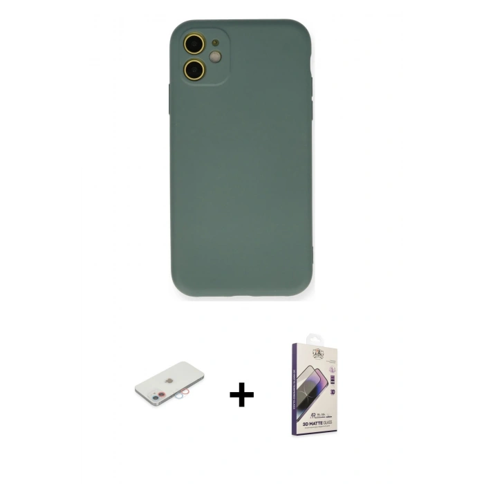 MARSİLYAN™- iPhone 11 Kılıf Ahenk Serisi - Siyah Bilvis 3D Mat Cam Ekran Koruyucu + Renkli Kamera Lens Koruma Cam - PE