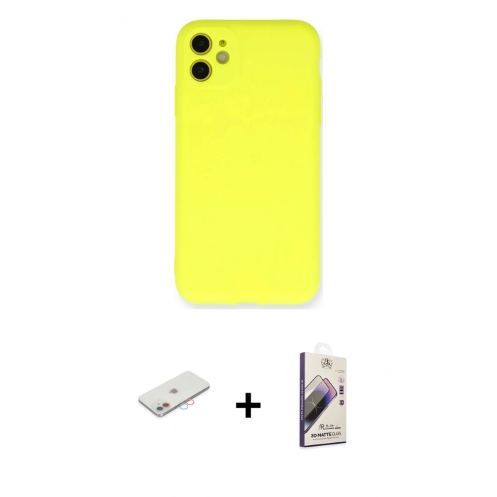 MARSİLYAN™- iPhone 11 Kılıf Ahenk Serisi - Siyah Bilvis 3D Mat Cam Ekran Koruyucu + Renkli Kamera Lens Koruma Cam - PE