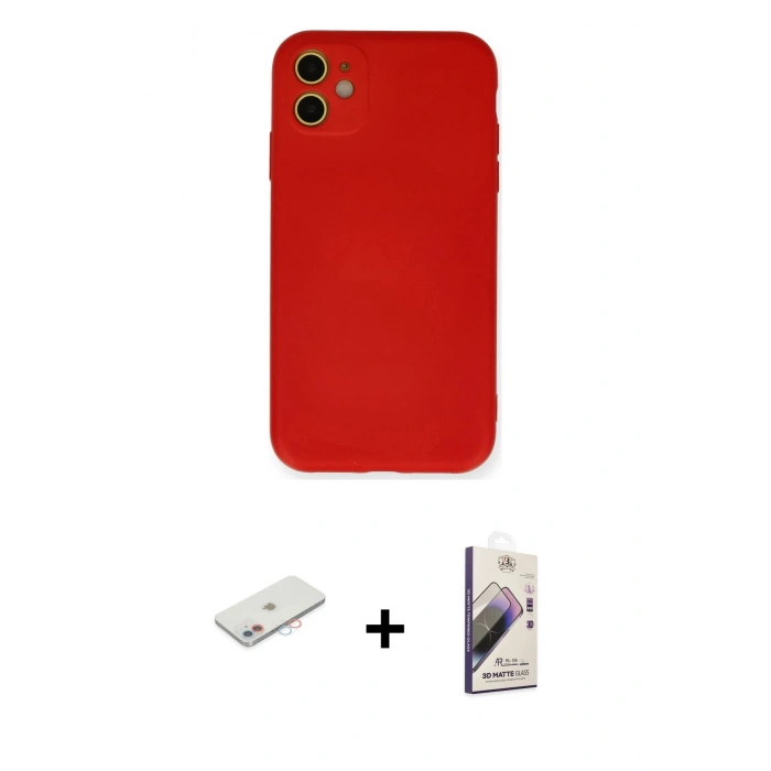 MARSİLYAN™- iPhone 11 Kılıf Ahenk Serisi - Siyah Bilvis 3D Mat Cam Ekran Koruyucu + Renkli Kamera Lens Koruma Cam - PE