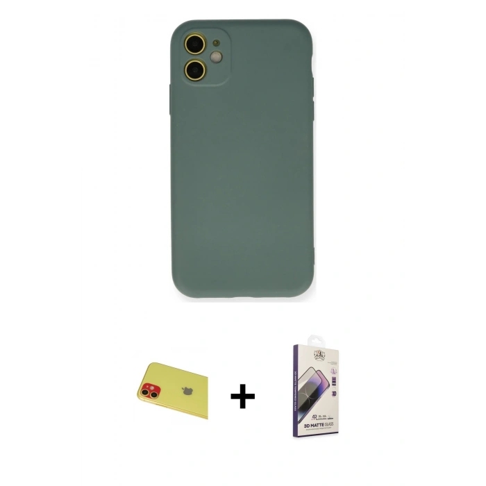 MARSİLYAN™- iPhone 11 Kılıf Ahenk Serisi - Siyah Bilvis 3D Mat Cam Ekran Koruyucu + Rainbow Kamera Lens Koruma Cam - KI