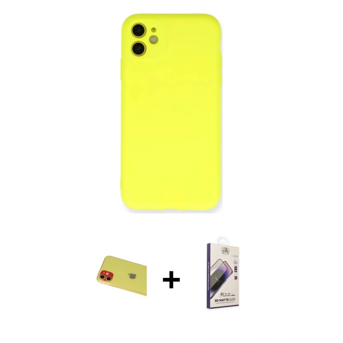 MARSİLYAN™- iPhone 11 Kılıf Ahenk Serisi - Siyah Bilvis 3D Mat Cam Ekran Koruyucu + Rainbow Kamera Lens Koruma Cam - KI