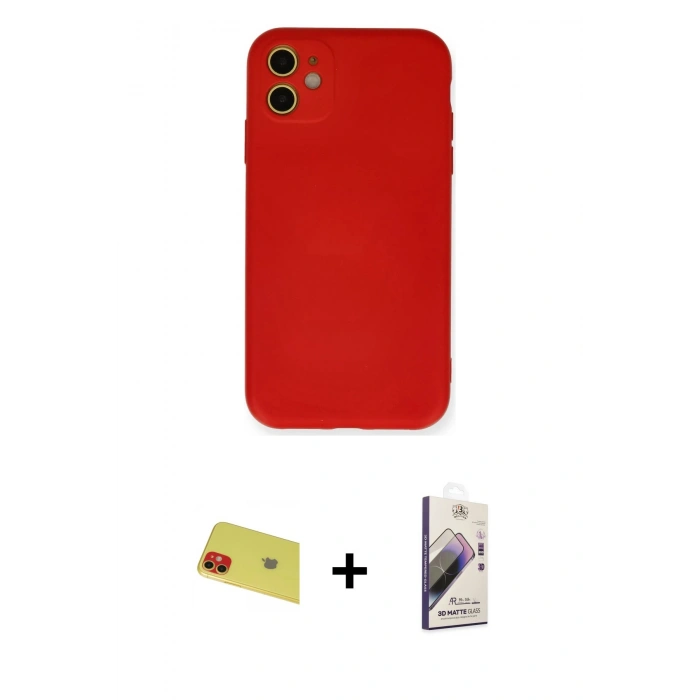 MARSİLYAN™- iPhone 11 Kılıf Ahenk Serisi - Siyah Bilvis 3D Mat Cam Ekran Koruyucu + Rainbow Kamera Lens Koruma Cam - KI