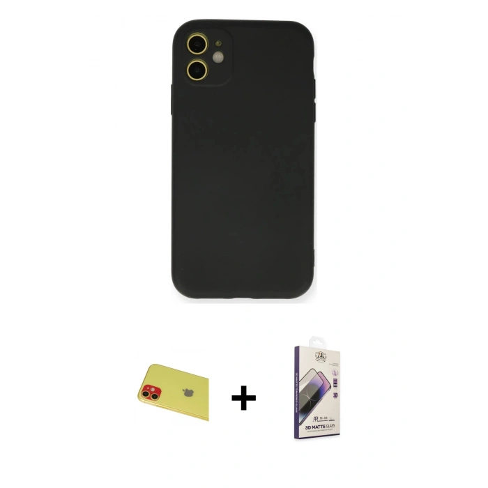 MARSİLYAN™- iPhone 11 Kılıf Ahenk Serisi - Siyah Bilvis 3D Mat Cam Ekran Koruyucu + Rainbow Kamera Lens Koruma Cam - KI