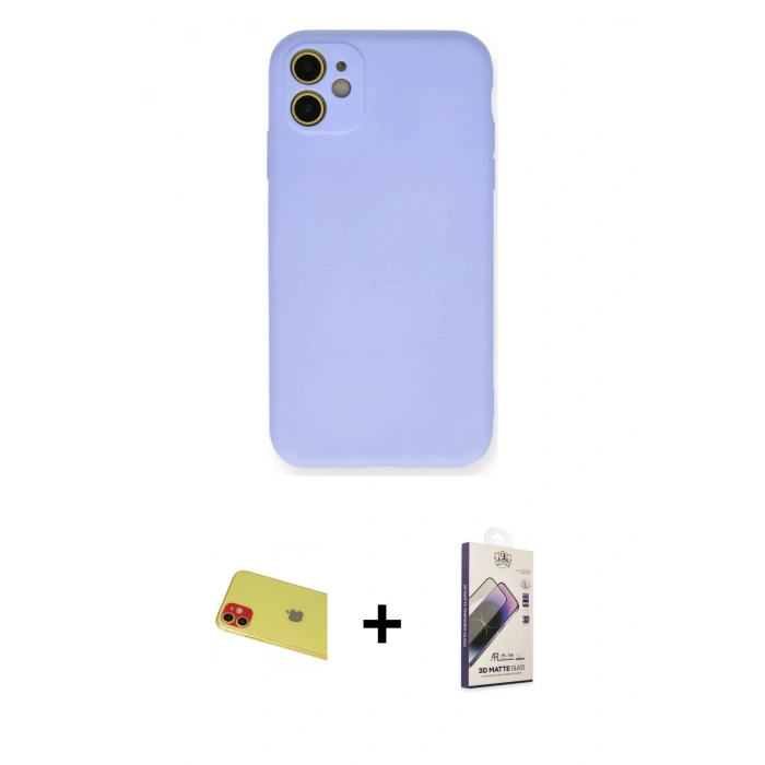 MARSİLYAN™- iPhone 11 Kılıf Ahenk Serisi - Siyah Bilvis 3D Mat Cam Ekran Koruyucu + Rainbow Kamera Lens Koruma Cam - KI