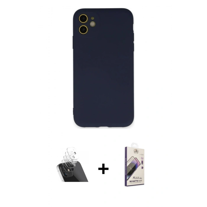 MARSİLYAN™- iPhone 11 Kılıf Ahenk Serisi - Siyah Bilvis 3D Mat Cam Ekran Koruyucu + Kamera Lens Koruma Cam - SF