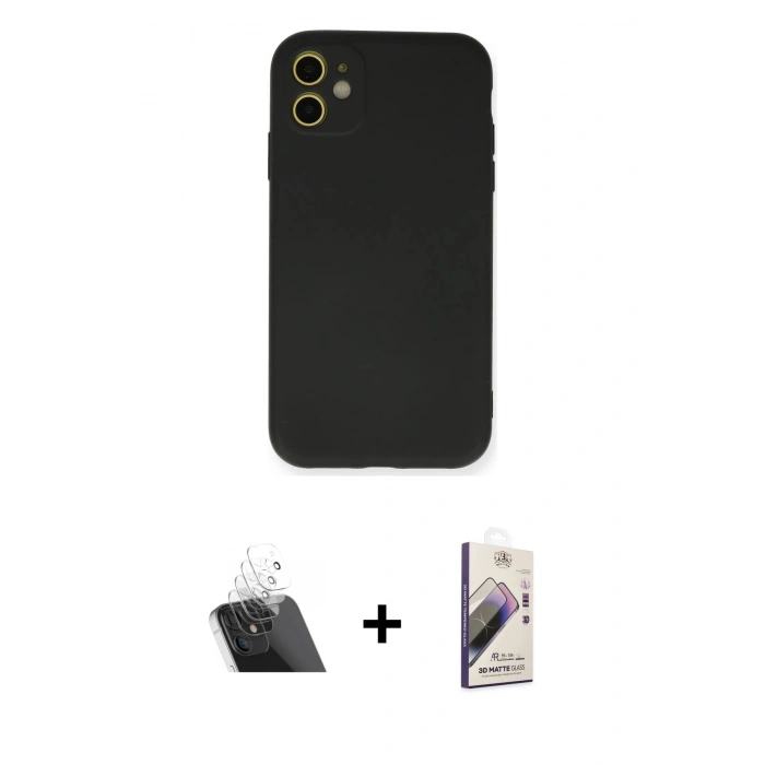 MARSİLYAN™- iPhone 11 Kılıf Ahenk Serisi - Siyah Bilvis 3D Mat Cam Ekran Koruyucu + Kamera Lens Koruma Cam - SF