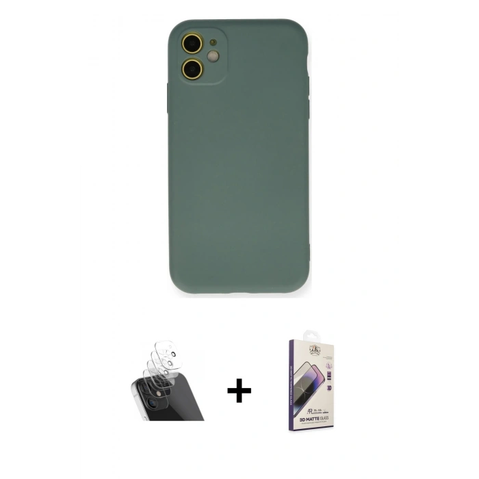 MARSİLYAN™- iPhone 11 Kılıf Ahenk Serisi - Siyah Bilvis 3D Mat Cam Ekran Koruyucu + Kamera Lens Koruma Cam - SF