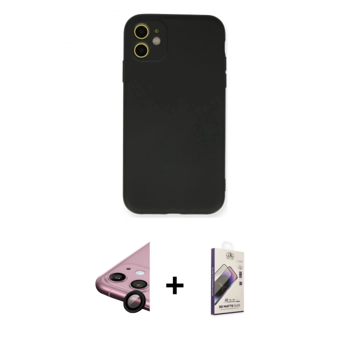 MARSİLYAN™- iPhone 11 Kılıf Ahenk Serisi - Siyah Bilvis 3D Mat Cam Ekran Koruyucu + Raze Metal Kamera Lens - SH