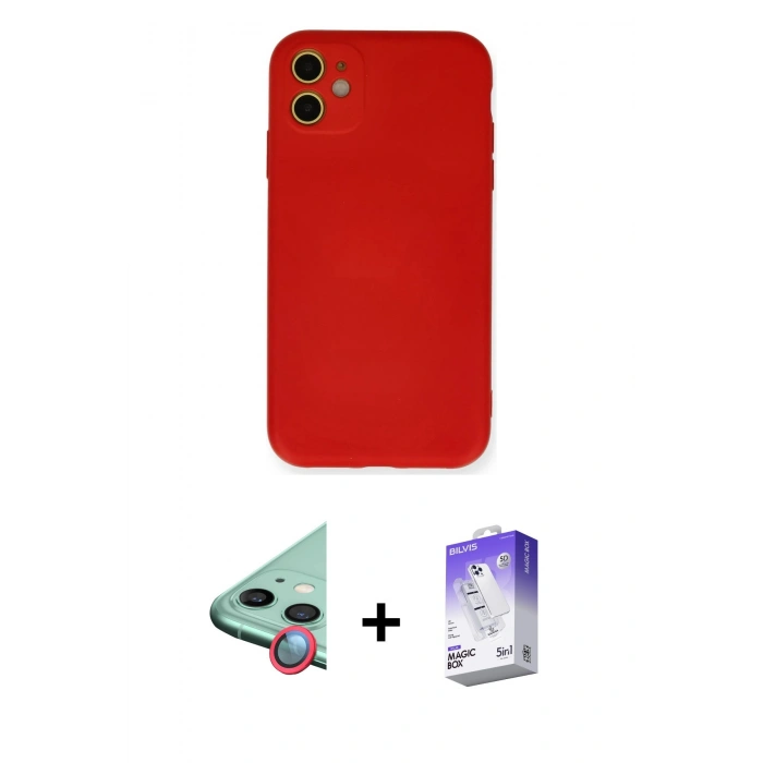 MARSİLYAN™- iPhone 11 Kılıf Ahenk Serisi - Siyah Bilvis 5in1 3D Magic Cam Ekran Koruyucu + Kırmızı Raze Metal Kamera Lens