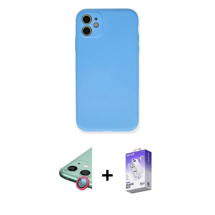 MARSİLYAN™- iPhone 11 Kılıf Ahenk Serisi - Siyah Bilvis 5in1 3D Magic Cam Ekran Koruyucu + Kırmızı Raze Metal Kamera Lens