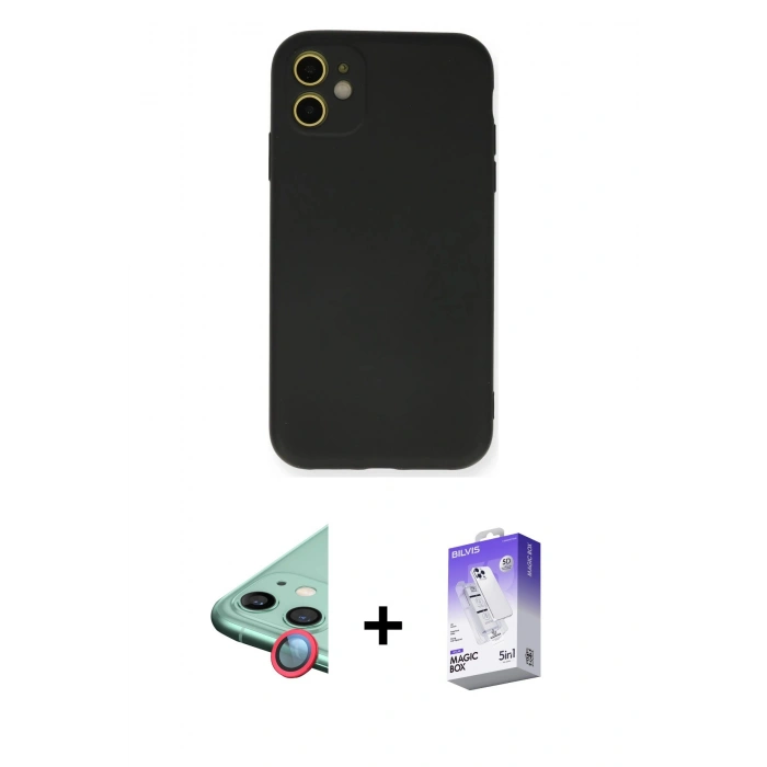 MARSİLYAN™- iPhone 11 Kılıf Ahenk Serisi - Siyah Bilvis 5in1 3D Magic Cam Ekran Koruyucu + Kırmızı Raze Metal Kamera Lens