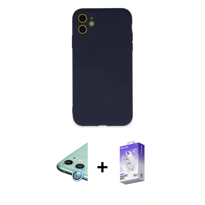 MARSİLYAN™- iPhone 11 Kılıf Ahenk Serisi - Siyah Bilvis 5in1 3D Magic Cam Ekran Koruyucu + Raze Metal Kamera Lens - MI