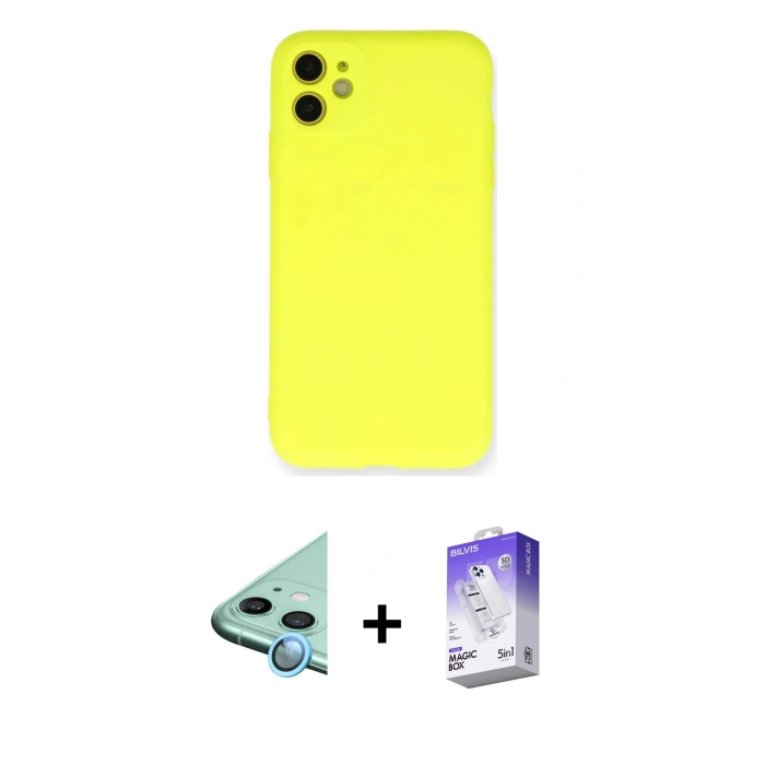 MARSİLYAN™- iPhone 11 Kılıf Ahenk Serisi - Siyah Bilvis 5in1 3D Magic Cam Ekran Koruyucu + Raze Metal Kamera Lens - MI