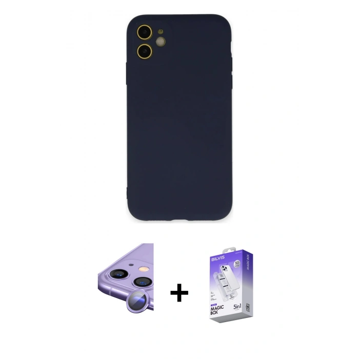 MARSİLYAN™- iPhone 11 Kılıf Ahenk Serisi - Siyah Bilvis 5in1 3D Magic Cam Ekran Koruyucu + Raze Metal Kamera Lens - MR