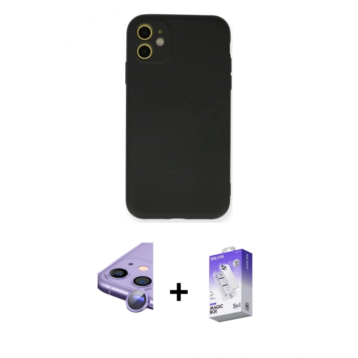 MARSİLYAN™- iPhone 11 Kılıf Ahenk Serisi - Siyah Bilvis 5in1 3D Magic Cam Ekran Koruyucu + Raze Metal Kamera Lens - MR