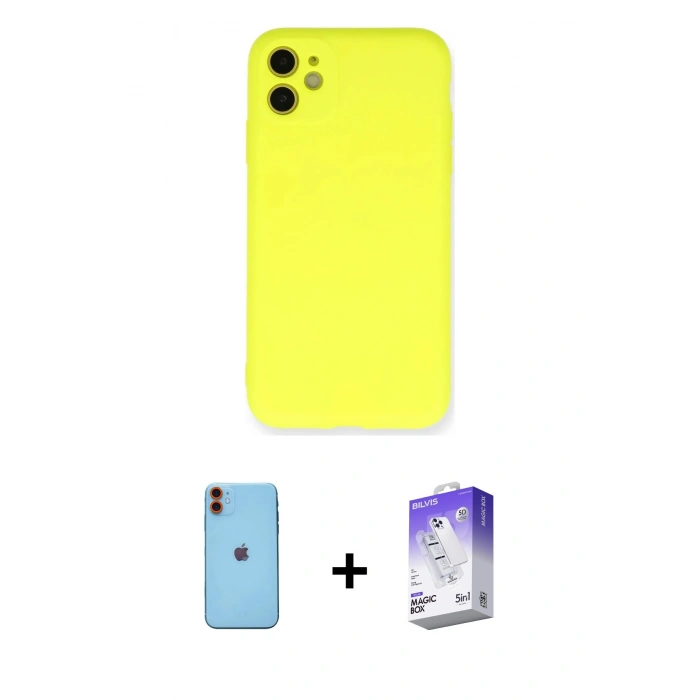 MARSİLYAN™- iPhone 11 Kılıf Ahenk Serisi - Siyah Bilvis 5in1 3D Magic Cam Ekran Koruyucu + Neon Fosforlu Kamera Lens - TU