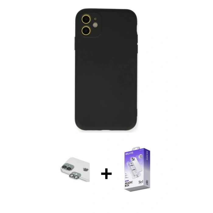 MARSİLYAN™- iPhone 11 Kılıf Ahenk Serisi - Siyah Bilvis 5in1 3D Magic Cam Ekran Koruyucu + Pers Alüminyum Kamera Lens - YL
