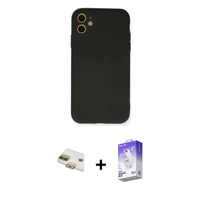 MARSİLYAN™- iPhone 11 Kılıf Ahenk Serisi - Siyah Bilvis 5in1 3D Magic Cam Ekran Koruyucu + Pers Alüminyum Kamera Lens - GD