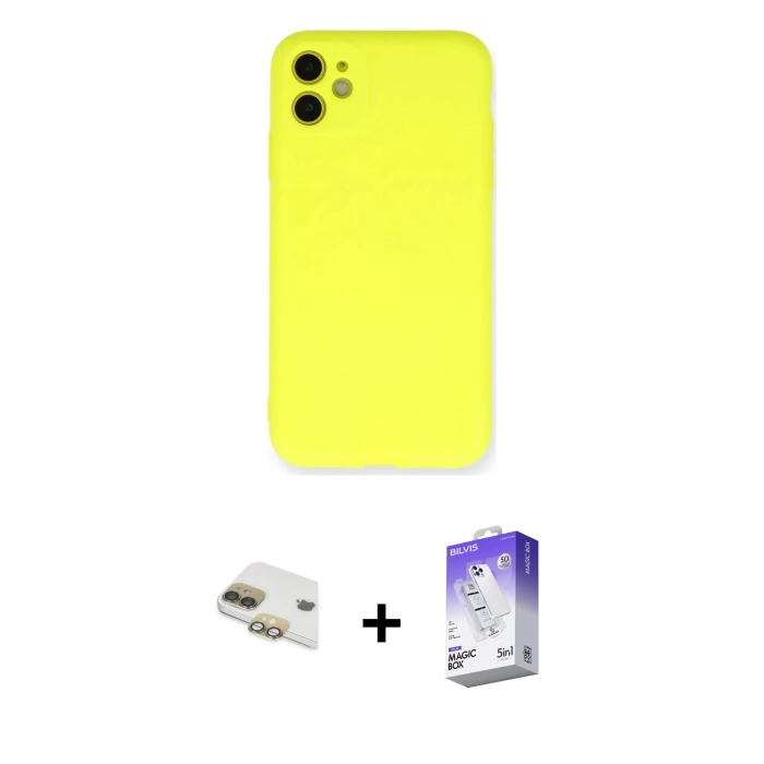 MARSİLYAN™- iPhone 11 Kılıf Ahenk Serisi - Siyah Bilvis 5in1 3D Magic Cam Ekran Koruyucu + Pers Alüminyum Kamera Lens - GD