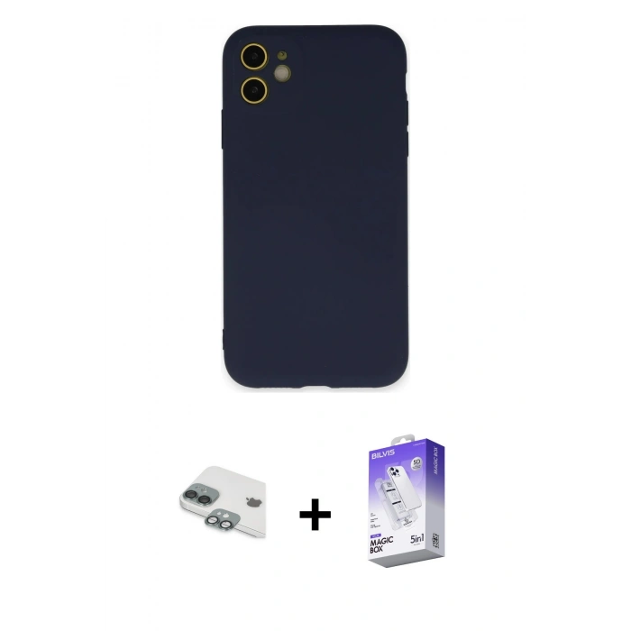 MARSİLYAN™- iPhone 11 Kılıf Ahenk Serisi - Siyah Bilvis 5in1 3D Magic Cam Ekran Koruyucu + Pers Alüminyum Kamera Lens - YL