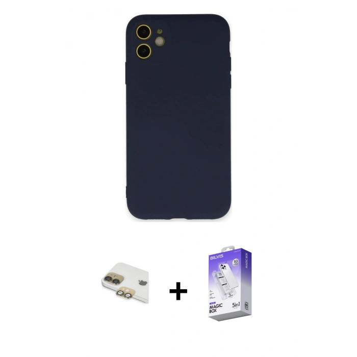 MARSİLYAN™- iPhone 11 Kılıf Ahenk Serisi - Siyah Bilvis 5in1 3D Magic Cam Ekran Koruyucu + Pers Alüminyum Kamera Lens - GD