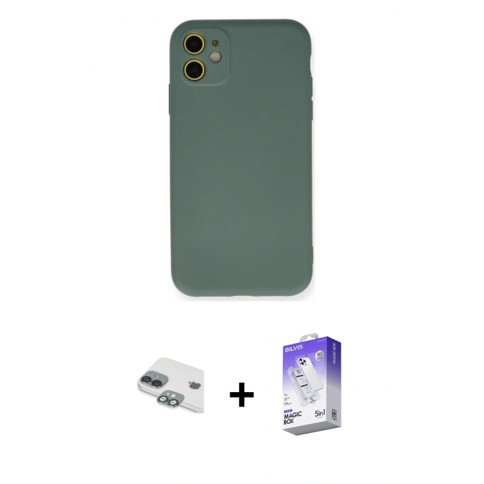 MARSİLYAN™- iPhone 11 Kılıf Ahenk Serisi - Siyah Bilvis 5in1 3D Magic Cam Ekran Koruyucu + Pers Alüminyum Kamera Lens - YL