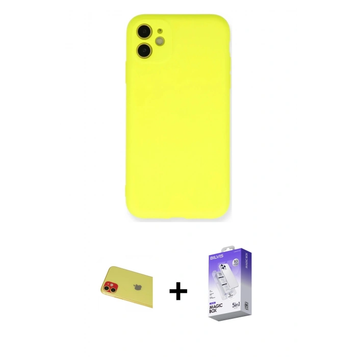 MARSİLYAN™- iPhone 11 Kılıf Ahenk Serisi - Siyah Bilvis 5in1 3D Magic Cam Ekran Koruyucu + Rainbow Kamera Lens Koruma Cam - KI