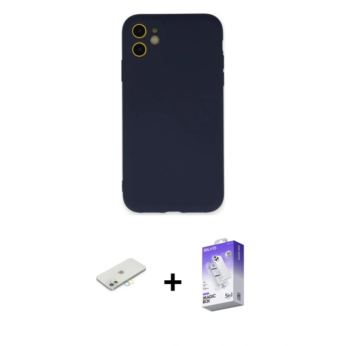 MARSİLYAN™- iPhone 11 Kılıf Ahenk Serisi - Siyah Bilvis 5in1 3D Magic Cam Ekran Koruyucu + Renkli Kamera Lens Koruma Cam - SI
