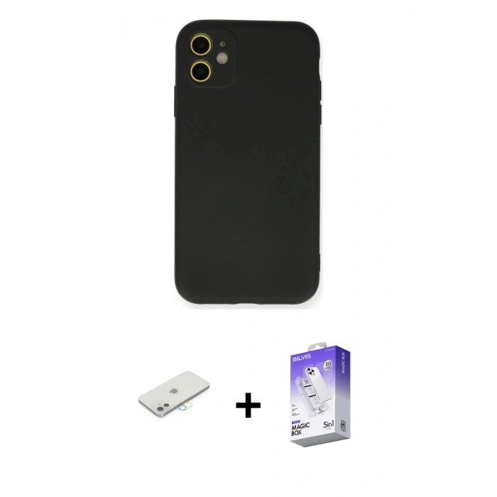 MARSİLYAN™- iPhone 11 Kılıf Ahenk Serisi - Siyah Bilvis 5in1 3D Magic Cam Ekran Koruyucu + Renkli Kamera Lens Koruma Cam - SI