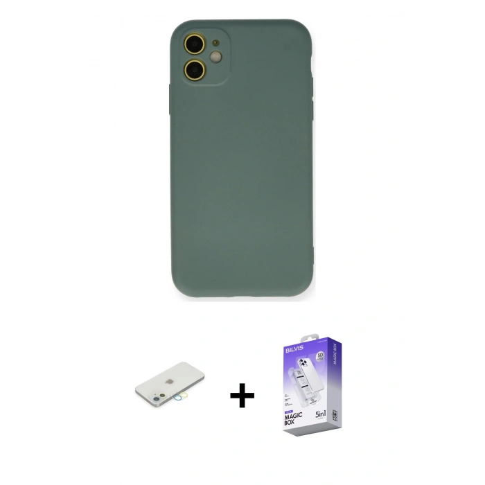 MARSİLYAN™- iPhone 11 Kılıf Ahenk Serisi - Siyah Bilvis 5in1 3D Magic Cam Ekran Koruyucu + Renkli Kamera Lens Koruma Cam - SI