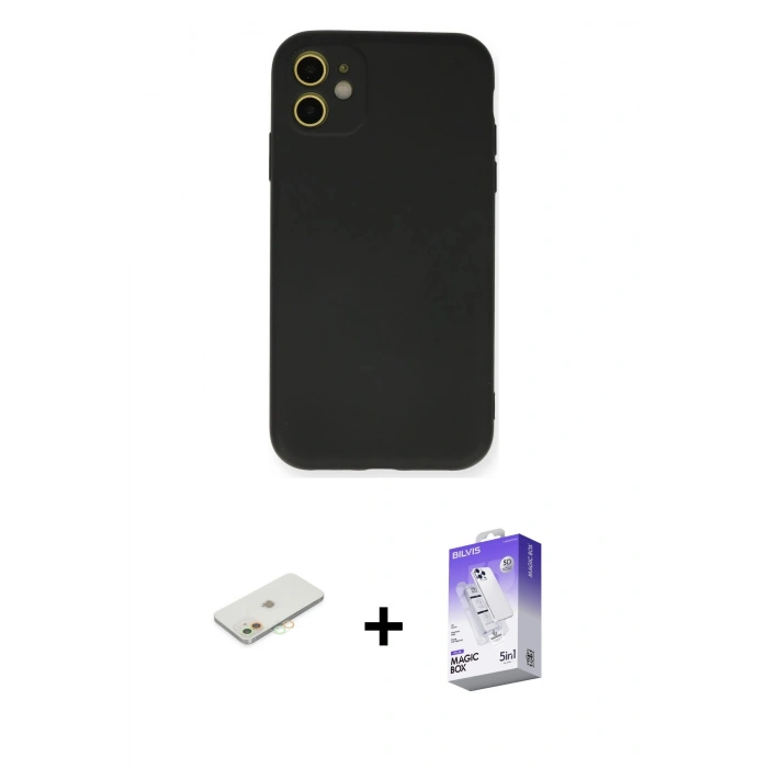 MARSİLYAN™- iPhone 11 Kılıf Ahenk Serisi - Siyah Bilvis 5in1 3D Magic Cam Ekran Koruyucu + Renkli Kamera Lens Koruma Cam - TU