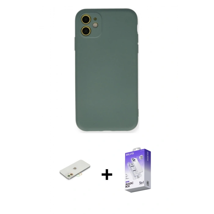 MARSİLYAN™- iPhone 11 Kılıf Ahenk Serisi - Siyah Bilvis 5in1 3D Magic Cam Ekran Koruyucu + Renkli Kamera Lens Koruma Cam - TU