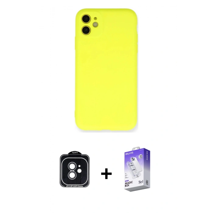 MARSİLYAN™- iPhone 11 Kılıf Ahenk Serisi - Siyah Bilvis 5in1 3D Magic Cam Ekran Koruyucu + PVD Metal Kamera Lens - SH