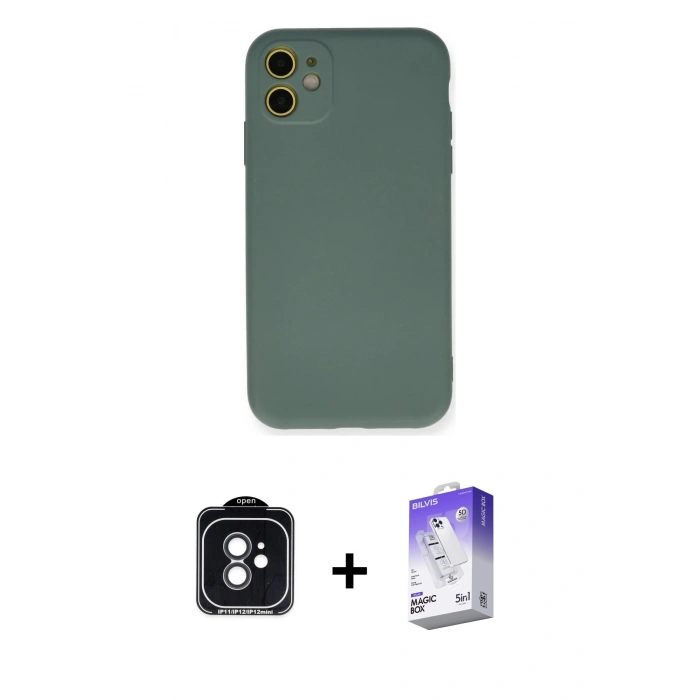 MARSİLYAN™- iPhone 11 Kılıf Ahenk Serisi - Siyah Bilvis 5in1 3D Magic Cam Ekran Koruyucu + PVD Metal Kamera Lens - SH