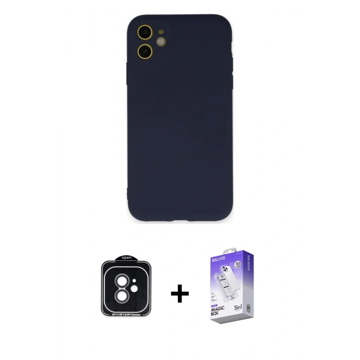 MARSİLYAN™- iPhone 11 Kılıf Ahenk Serisi - Siyah Bilvis 5in1 3D Magic Cam Ekran Koruyucu + PVD Metal Kamera Lens - SH
