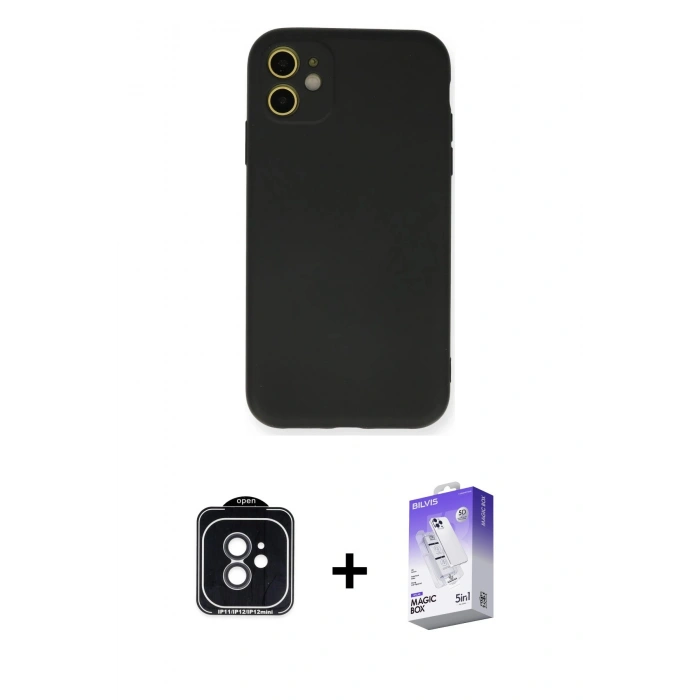 MARSİLYAN™- iPhone 11 Kılıf Ahenk Serisi - Siyah Bilvis 5in1 3D Magic Cam Ekran Koruyucu + PVD Metal Kamera Lens - SH