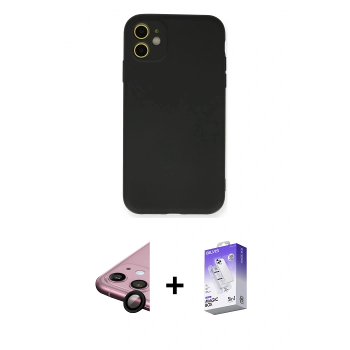 MARSİLYAN™- iPhone 11 Kılıf Ahenk Serisi - Siyah Bilvis 5in1 3D Magic Cam Ekran Koruyucu + Raze Metal Kamera Lens - SH