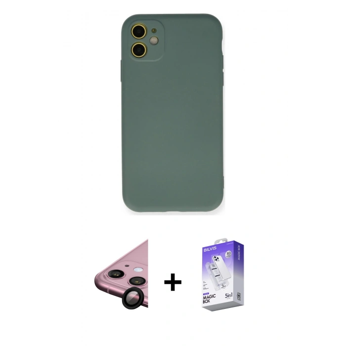 MARSİLYAN™- iPhone 11 Kılıf Ahenk Serisi - Siyah Bilvis 5in1 3D Magic Cam Ekran Koruyucu + Raze Metal Kamera Lens - SH