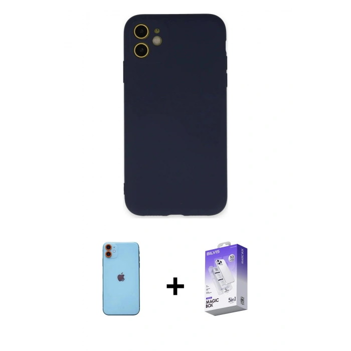 MARSİLYAN™- iPhone 11 Kılıf Ahenk Serisi - Siyah Bilvis 5in1 3D Magic Cam Ekran Koruyucu + Neon Fosforlu Kamera Lens - TU