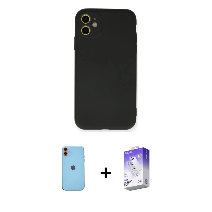 MARSİLYAN™- iPhone 11 Kılıf Ahenk Serisi - Siyah Bilvis 5in1 3D Magic Cam Ekran Koruyucu + Neon Fosforlu Kamera Lens - TU