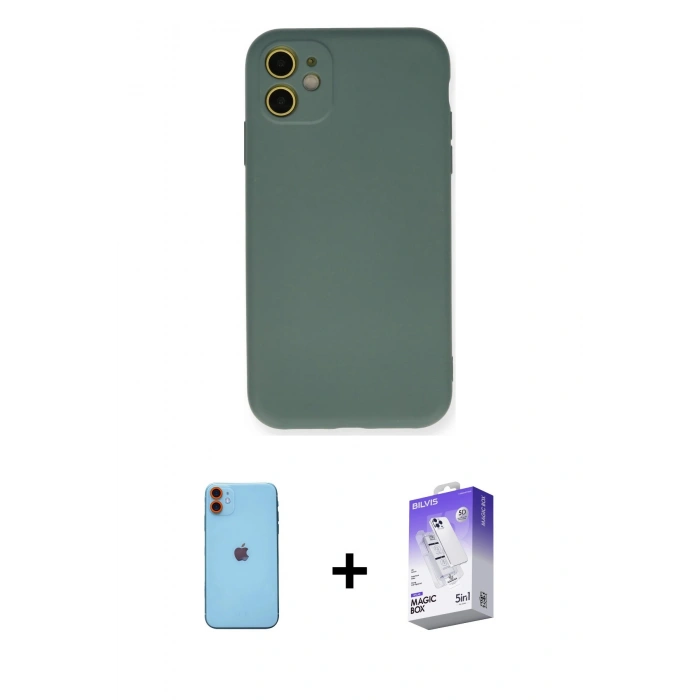 MARSİLYAN™- iPhone 11 Kılıf Ahenk Serisi - Siyah Bilvis 5in1 3D Magic Cam Ekran Koruyucu + Neon Fosforlu Kamera Lens - TU