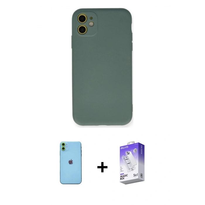 MARSİLYAN™- iPhone 11 Kılıf Ahenk Serisi - Siyah Bilvis 5in1 3D Magic Cam Ekran Koruyucu + Neon Fosforlu Kamera Lens - YL