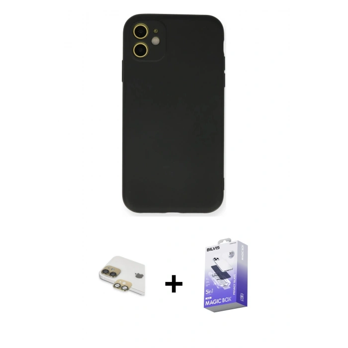 MARSİLYAN™- iPhone 11 Kılıf Ahenk Serisi - Siyah Bilvis 5in1 5D Magic Hayalet Cam Ekran Koruyucu + Pers Alüminyum Kamera Lens - GD