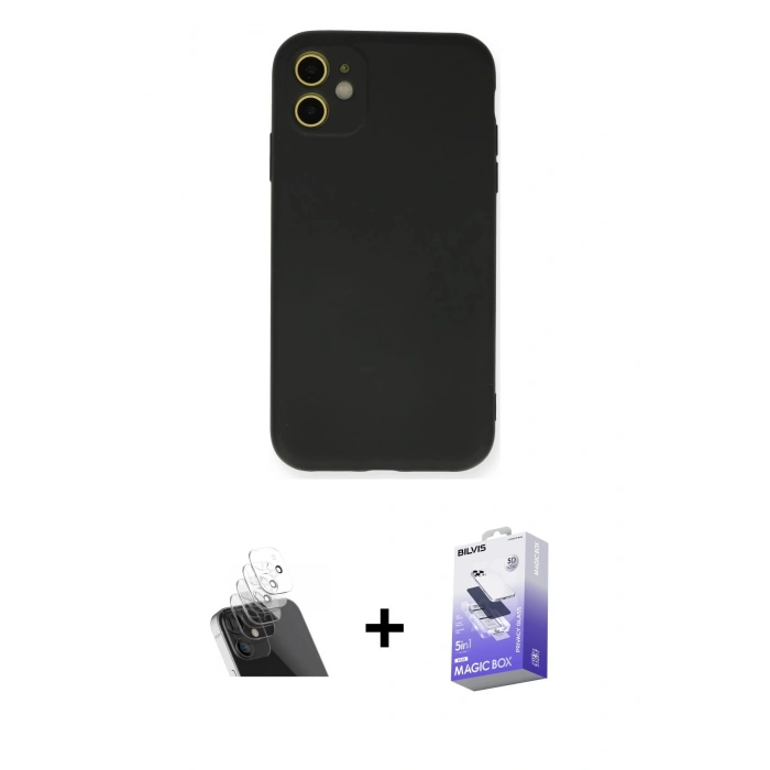 MARSİLYAN™- iPhone 11 Kılıf Ahenk Serisi - Siyah Bilvis 5in1 5D Magic Hayalet Cam Ekran Koruyucu + Kamera Lens Koruma Cam - SF