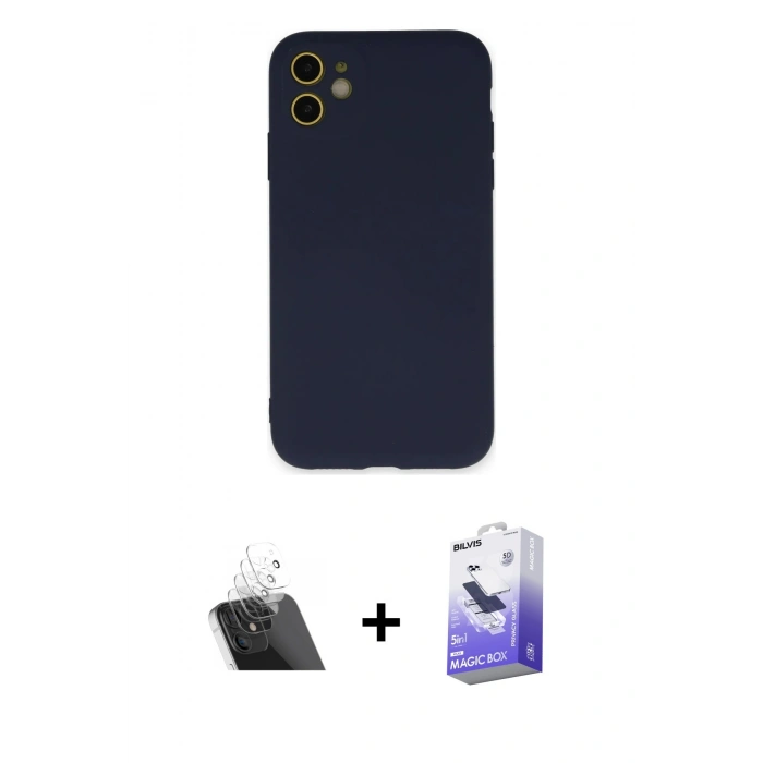 MARSİLYAN™- iPhone 11 Kılıf Ahenk Serisi - Siyah Bilvis 5in1 5D Magic Hayalet Cam Ekran Koruyucu + Kamera Lens Koruma Cam - SF