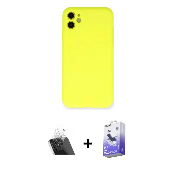 MARSİLYAN™- iPhone 11 Kılıf Ahenk Serisi - Siyah Bilvis 5in1 5D Magic Hayalet Cam Ekran Koruyucu + Kamera Lens Koruma Cam - SF