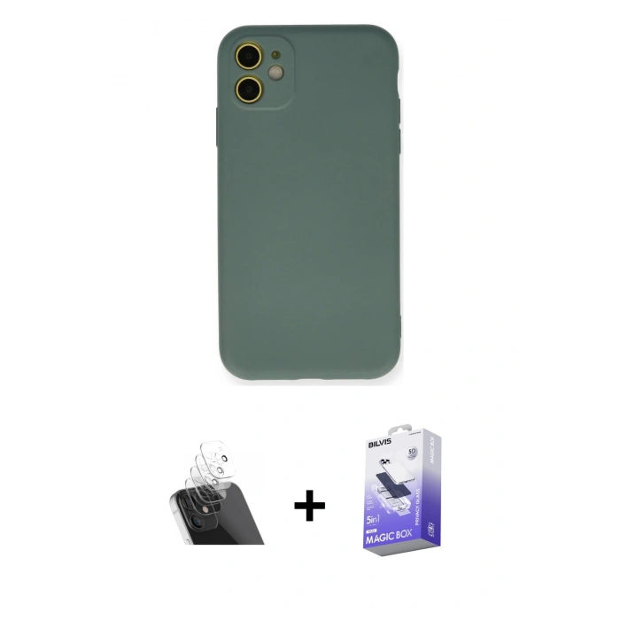 MARSİLYAN™- iPhone 11 Kılıf Ahenk Serisi - Siyah Bilvis 5in1 5D Magic Hayalet Cam Ekran Koruyucu + Kamera Lens Koruma Cam - SF
